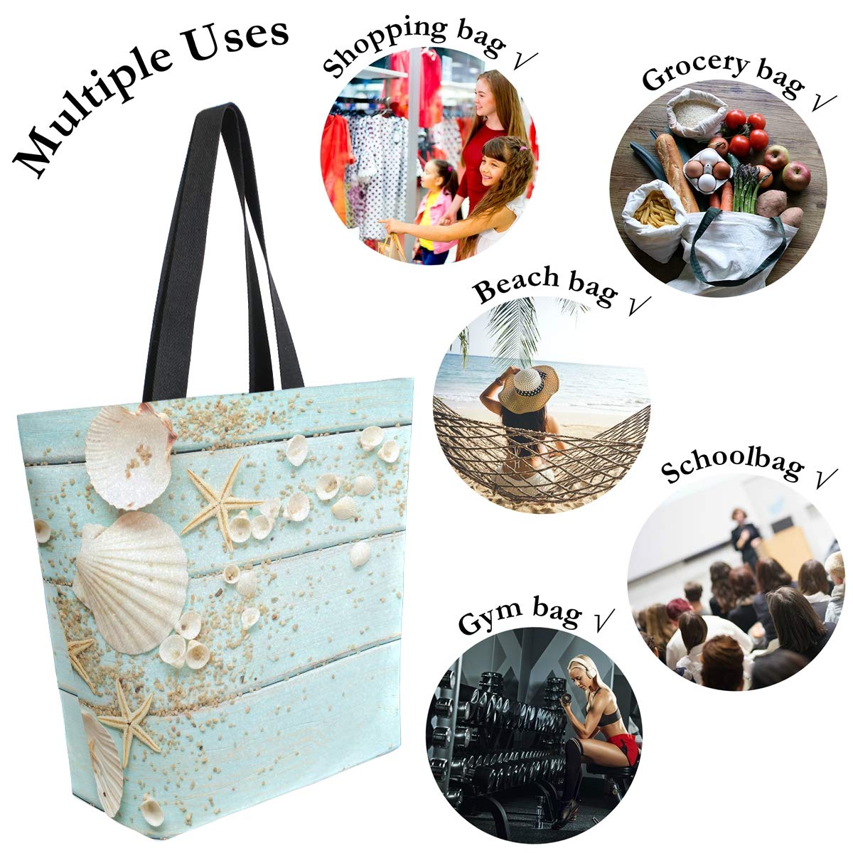 Naanle Ocean Canvas Tote Bag Large Women Casual Shoulder Bag Handbag, Wooden Seashell Reusable Multipurpose Heavy Duty Shopping